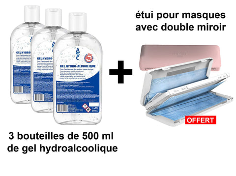 3 bouteilles de gel hydroalcoolique 500 ml + 1 étui