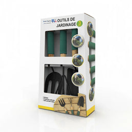 3 outils de jardinage : 1 râteau + 1 fourche à bêcher + 1 déplantoir à main