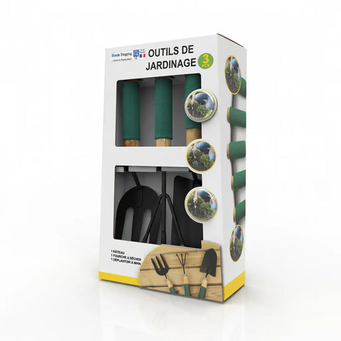 3 outils de jardinage : 1 râteau + 1 fourche à bêcher + 1 déplantoir à main