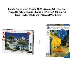 Lot de 2 puzzles - 1 Puzzle 1000 pièces - Art collection - Plage De Palombaggia - Corse + 1 Puzzle 1000 pièces - Terrasse de café, le soir - Vincent Van Gogh - Livraison offerte