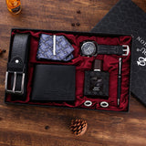 Coffret cadeau homme de 7 pièces (1 montre avec bracelet en cuir + 1 ceinture en cuir + 1 portefeuille en cuir + 1 stylo au design élégant + 2 boutons de manchettes + 1 cravate + 1 parfum) - Livraison offerte