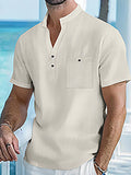 Chemise à manches courtes en coton et lin pour hommes, avec col montant - Livraison offerte