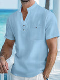 Chemise à manches courtes en coton et lin pour hommes, avec col montant - Livraison offerte