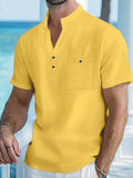 Chemise à manches courtes en coton et lin pour hommes, avec col montant - Livraison offerte