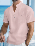 Chemise à manches courtes en coton et lin pour hommes, avec col montant - Livraison offerte