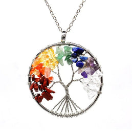 Collier Arbre de Vie Chakras composé de pierres semi précieuses colorées - Livraison offerte