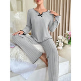 Pyjama vêtement de nuit côtelé à manches longues 2 pièces pour femme - Livraison offerte