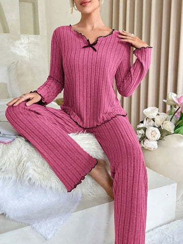 Pyjama vêtement de nuit côtelé à manches longues 2 pièces pour femme - Livraison offerte