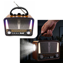 Radio FM/AM + enceinte Bluetooth style rétro avec éclairage LED et lumière torche intégrée - Livraison offerte