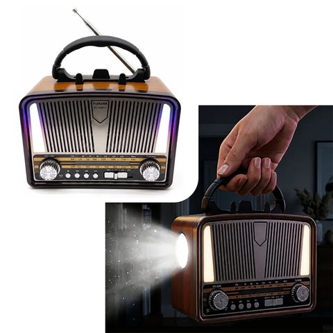 Radio FM/AM + enceinte Bluetooth style rétro avec éclairage LED et lumière torche intégrée - Livraison offerte