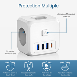 Station murale multi-prise 7 ports - 3 ports USB + 3 prises électriques + 1 prise type C 7 - Livraison offerte